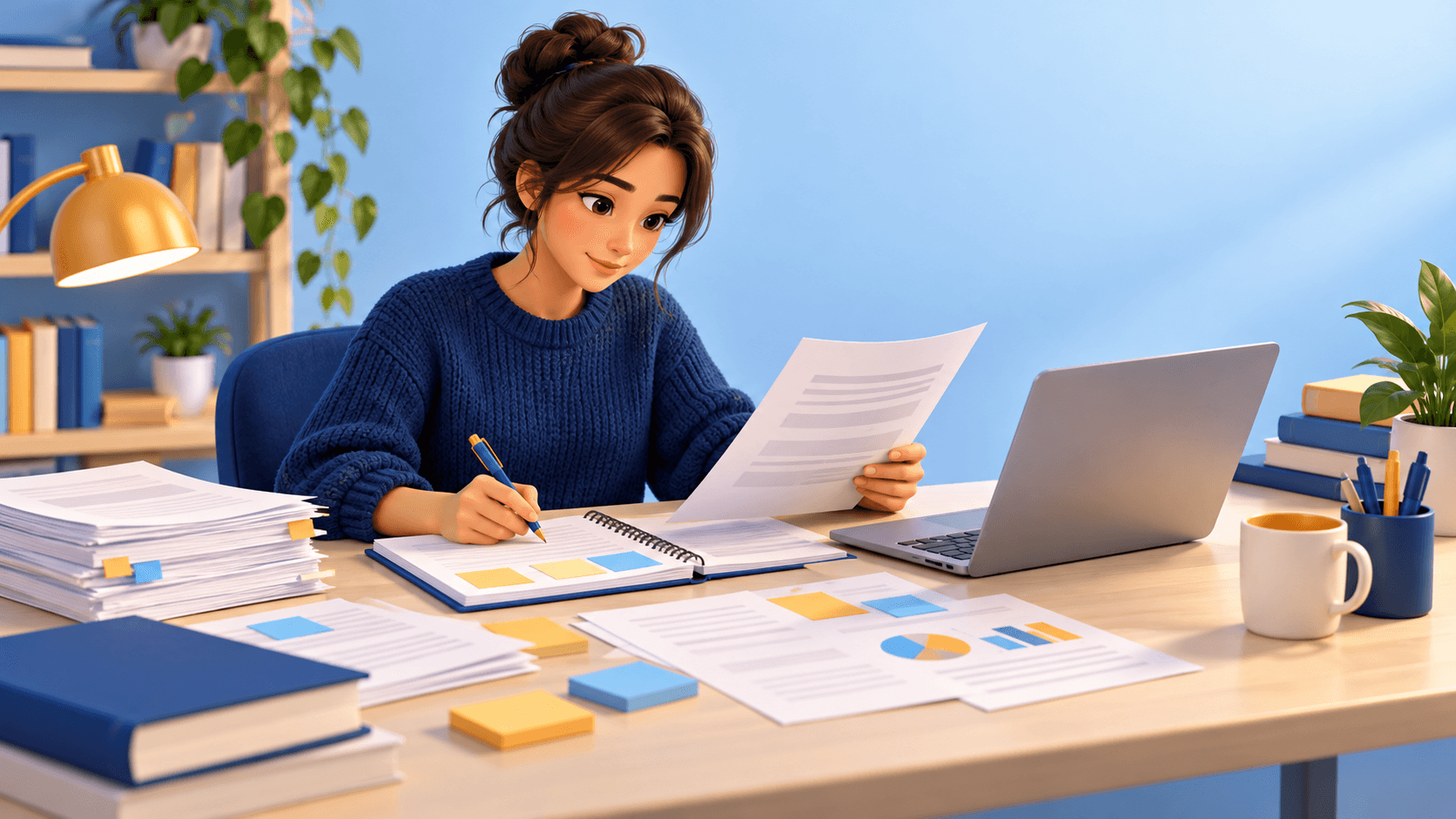 University student organizing case study evidence into a first draft