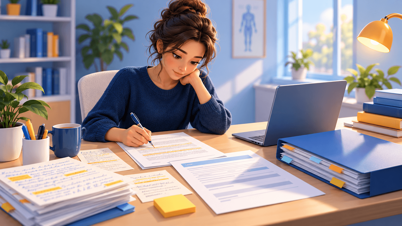 Medical school applicant organizing a personal statement, source notes, and dated drafts at a desk