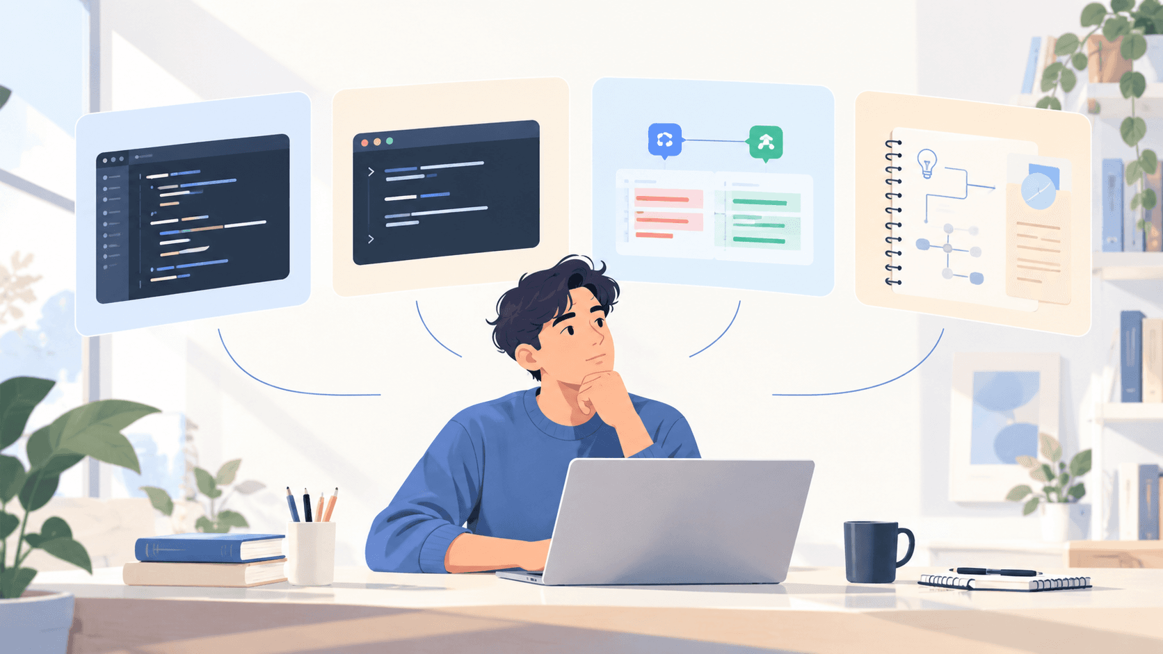 Student developer comparing an editor, terminal, pull-request, and research workflow