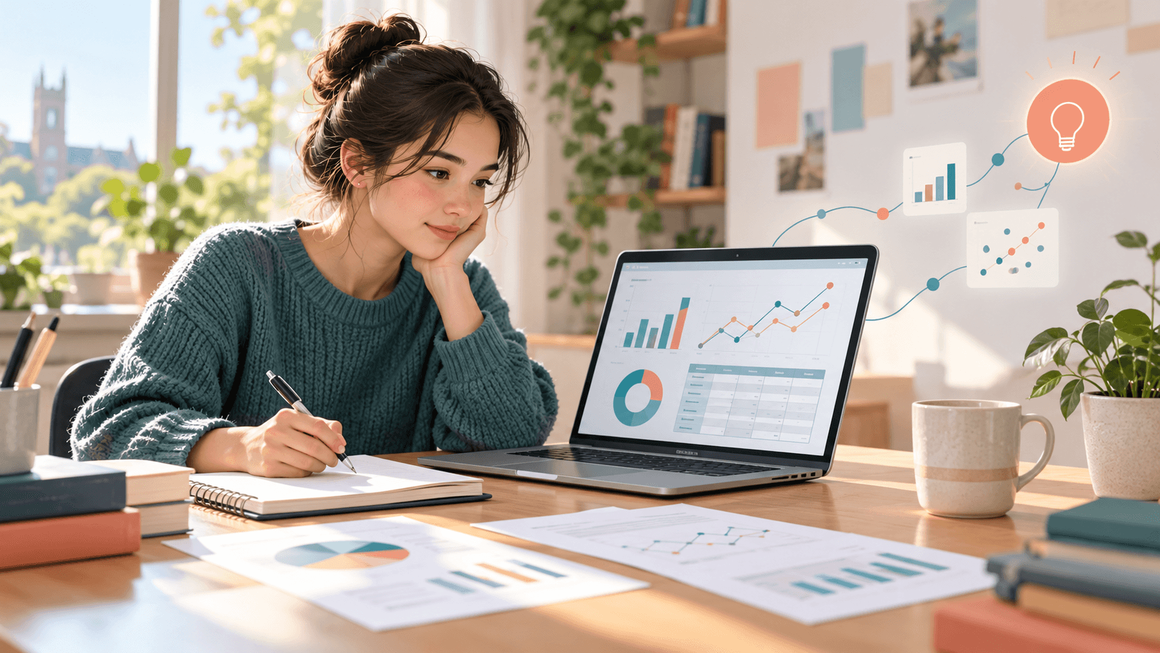 A college student comparing a dataset, a dashboard, and an assignment plan at a clean desk