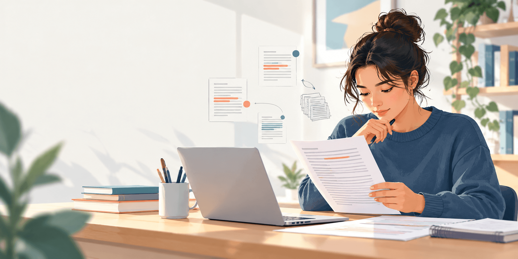 College student reviewing an assignment draft with AI-checking notes