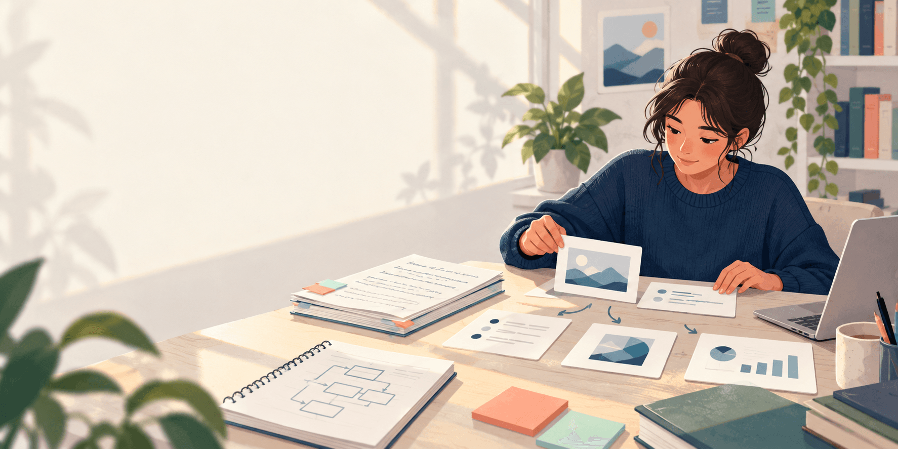 Editorial illustration of a college student organizing research notes into presentation slides