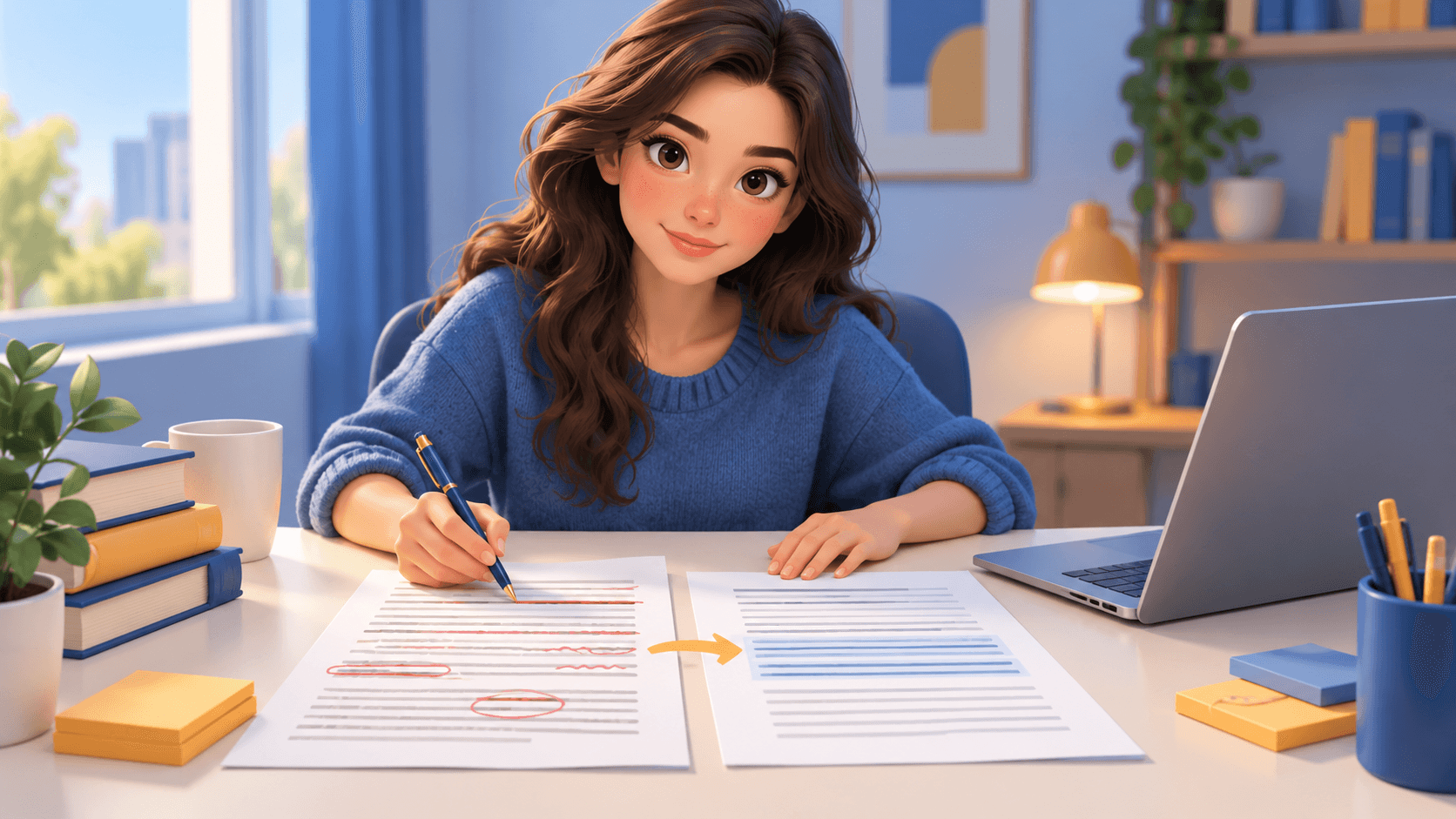 College student reviewing an essay draft, assignment rubric, and source notes before revising