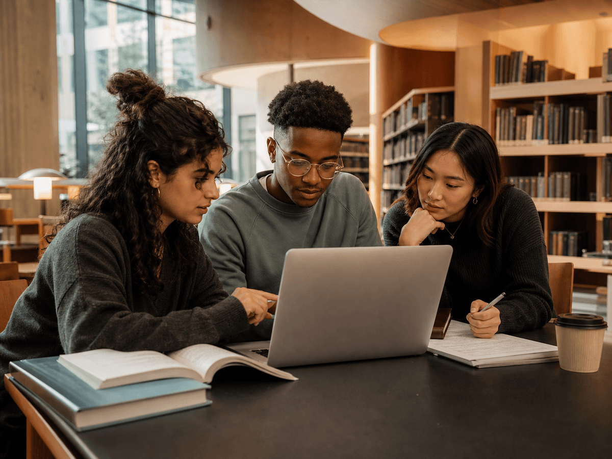 University students collaborating on an assignment in a library
