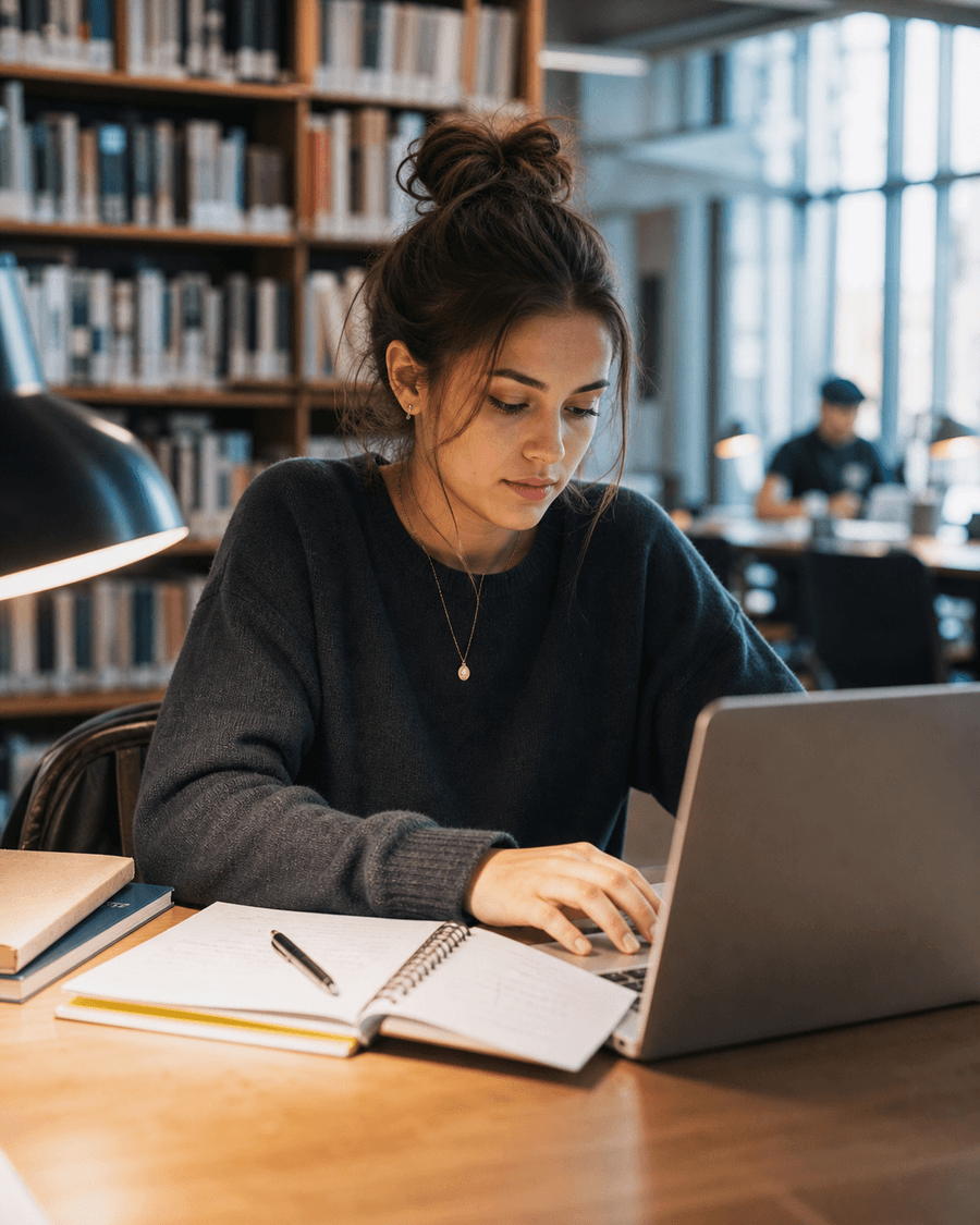 University student completing an assignment at a library desk